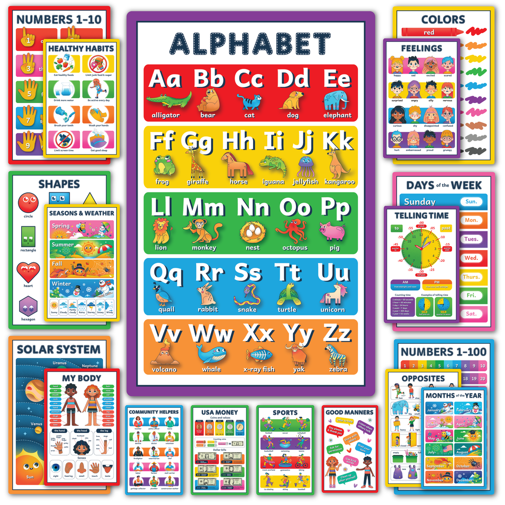 RYVE Educational Posters for Toddlers - 18 Must-Have Learning Posters for Kids Ages 2-6, PreK Learning Charts for Toddlers, 11” x 17” Educational Wall Decor for Preschoolers, Glossy Finish