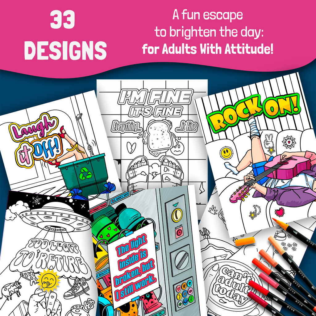 RYVE Adult Coloring Book and Dual-Tip Marker Set - Sassy & Funny Self