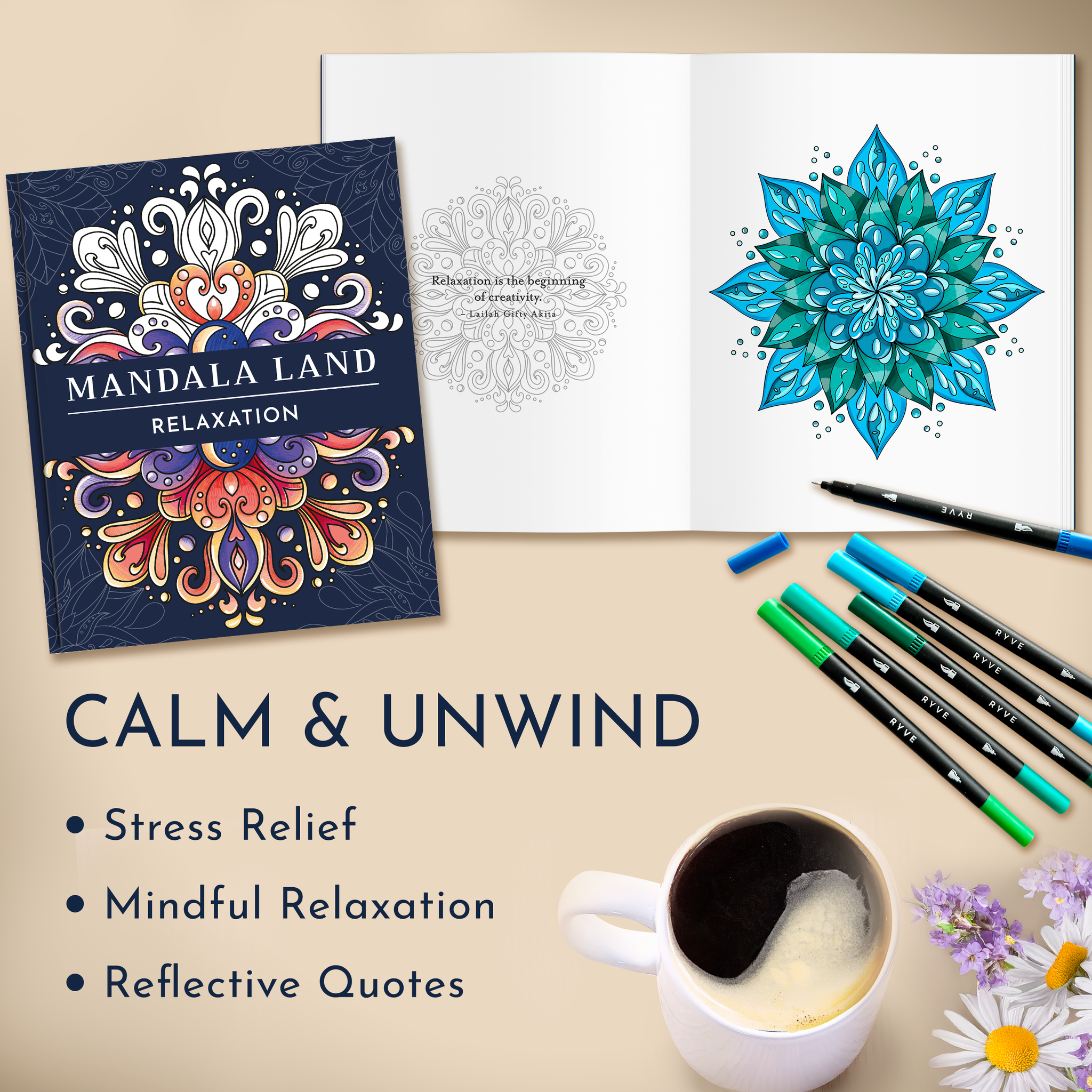 RYVE Coloring Book for Adults (2 Pack) - 60 Unique Mandalas for Relaxa