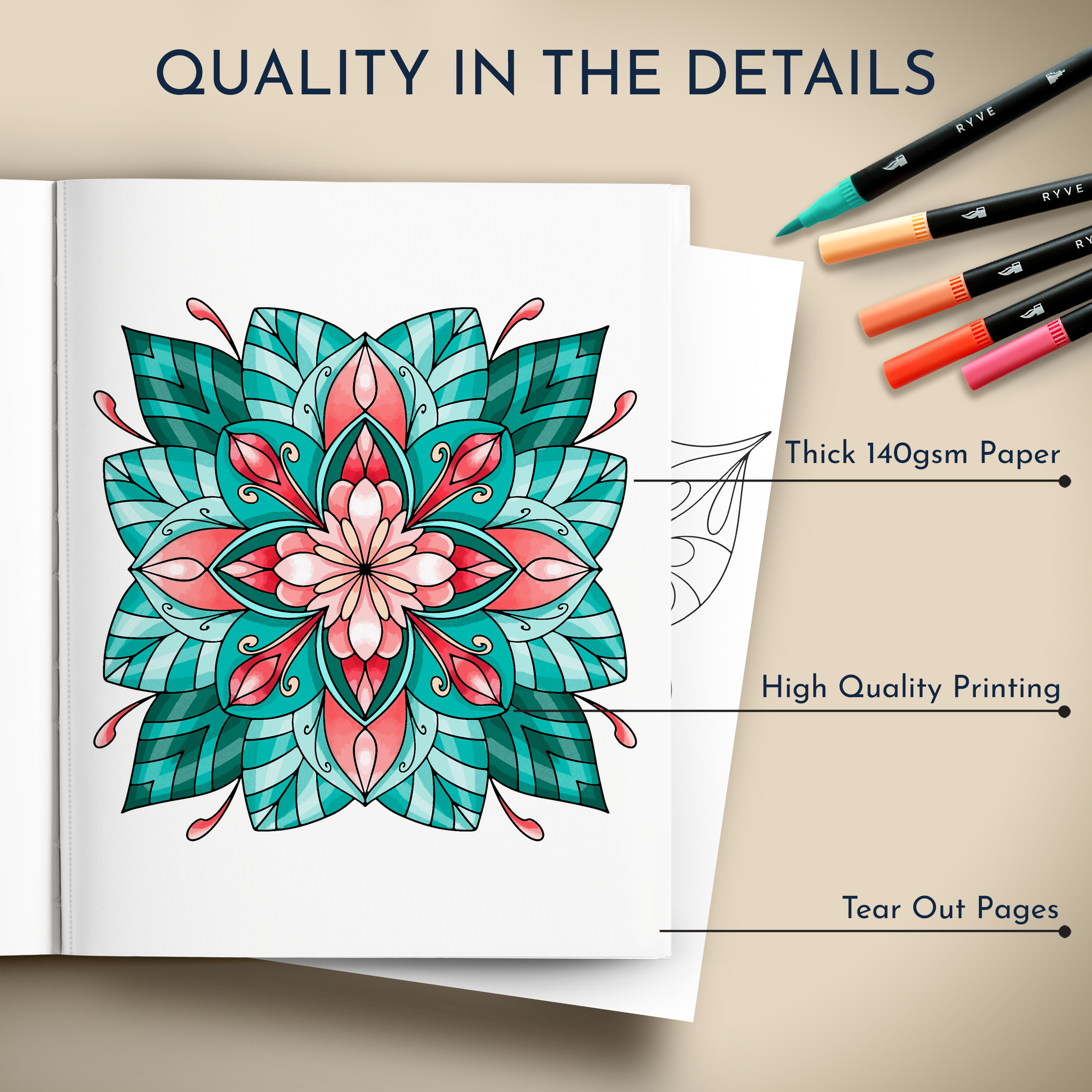RYVE Coloring Book for Adults (2 Pack) - 60 Unique Mandalas for Relaxa