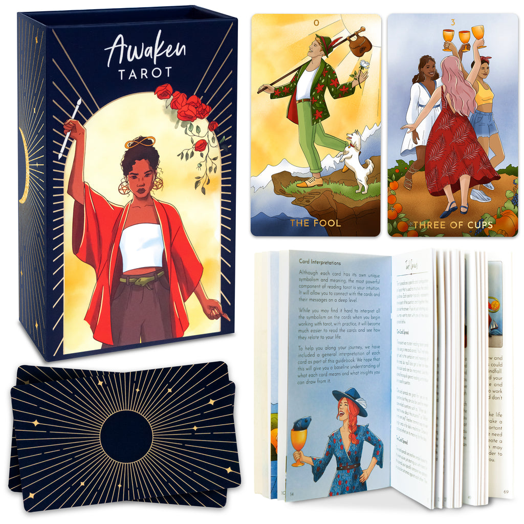 RYVE Awaken Tarot Cards Borderless with Guide Book - Modern Tarot Deck Inspired by The Rider Waite Tarot Deck - Tarot Cards for Beginners and Professionals, Beginner Tarot Decks with Guidebook